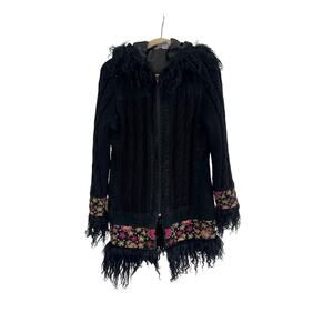 Phosphorus Floral Cable Knit Faux Fur Lined Coat Womens Large Vintage Black